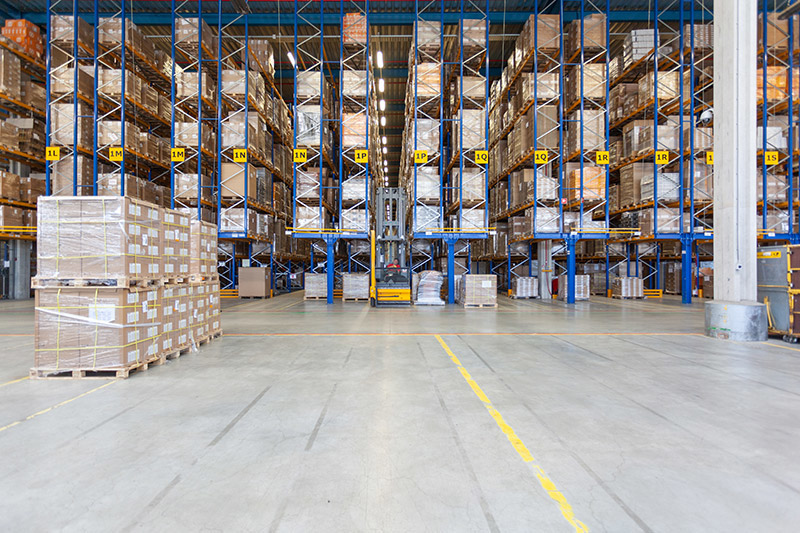Warehouse interior with shelves and inventory