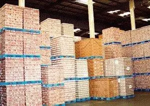 Pallets stacked in a warehouse
